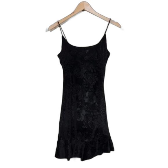 Aqua Black Velvet Floral Dress Women Size S Spaghetti Straps Party Cocktail Mini - Picture 1 of 9